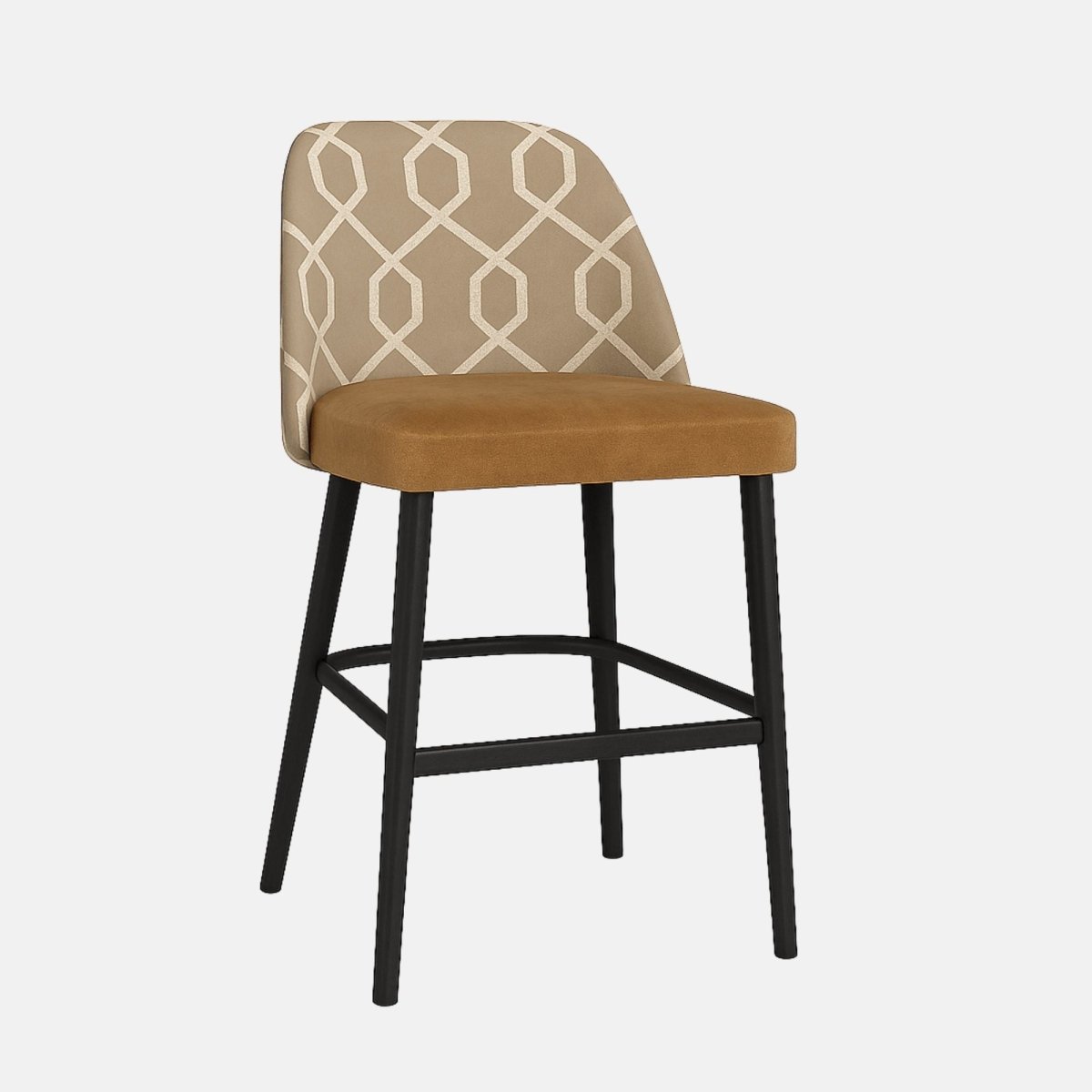 Bar stool with beige geometric patterned fabric backrest, tan upholstered seat, and black wooden legs with footrest.