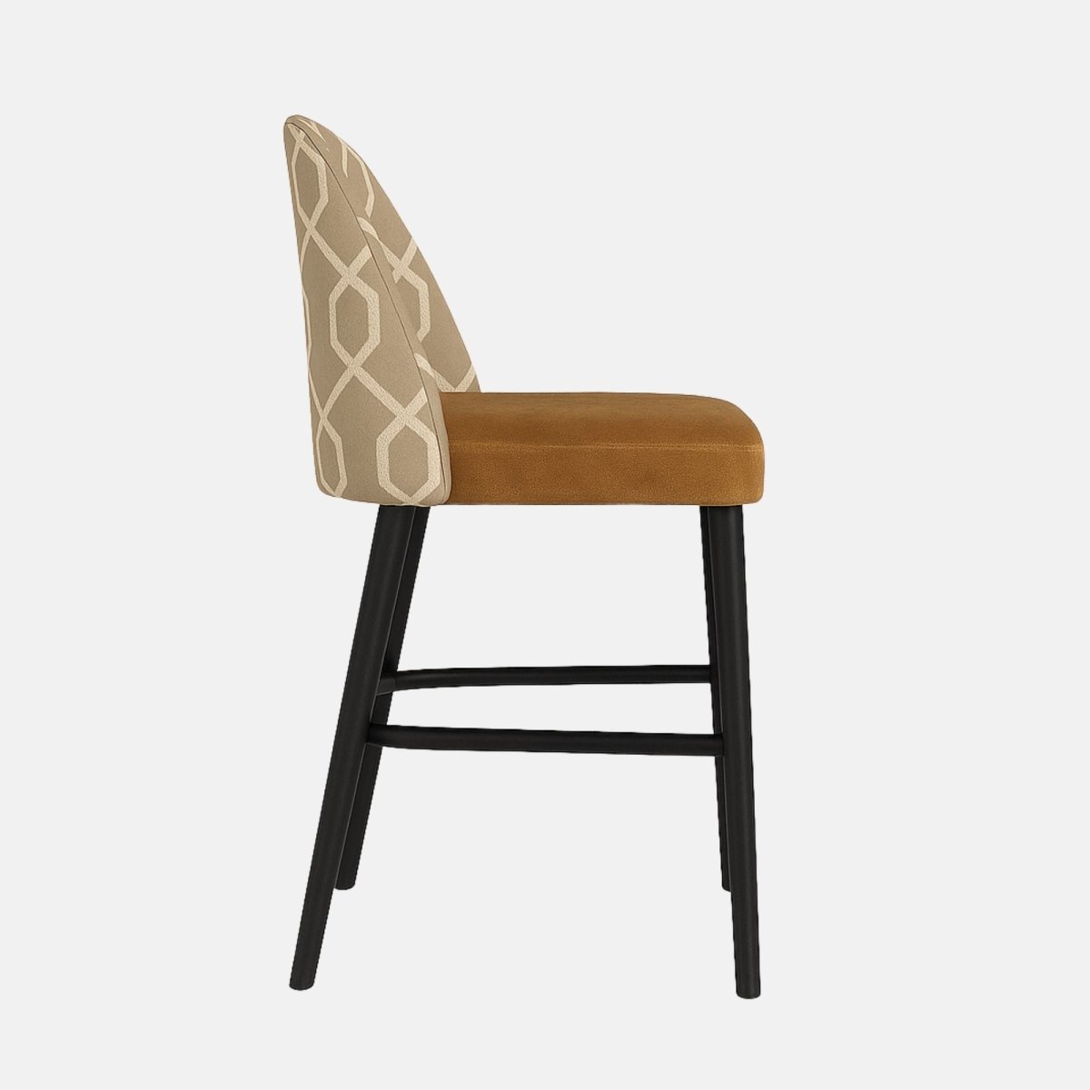 Bar stool with beige geometric patterned fabric backrest, tan upholstered seat, and black wooden legs with footrest.