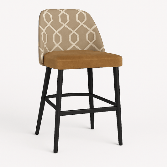 A modern bar stool featuring a black wooden frame, a bronze velvet seat pad, and a backrest upholstered in beige geometric patterned fabric. The side view highlights the curved backrest and sleek, tapered legs with horizontal supports.