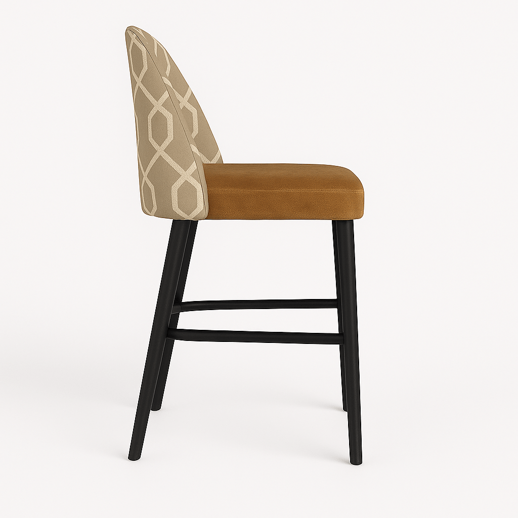 A modern bar stool featuring a black wooden frame, a bronze velvet seat pad, and a backrest upholstered in beige geometric patterned fabric. The side view highlights the curved backrest and sleek, tapered legs with horizontal supports.