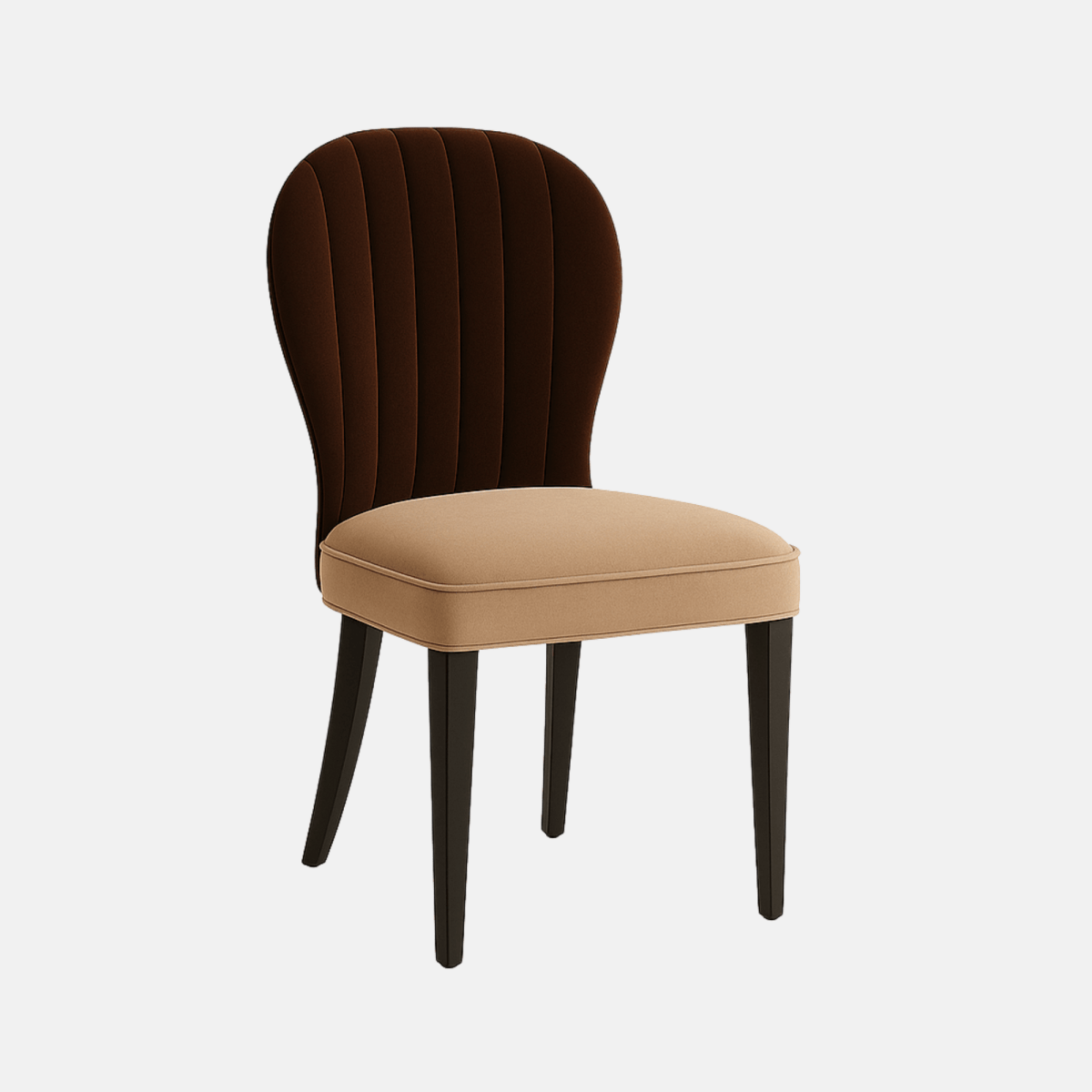 Elegant dining chair with a rounded high backrest upholstered in dark brown fabric, cushioned beige seat, and dark tapered wooden legs.