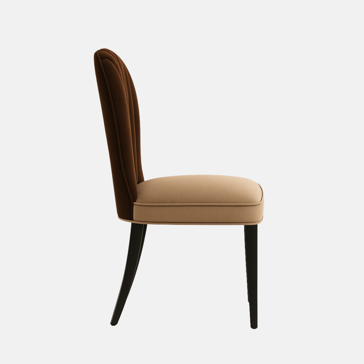 Elegant dining chair with a rounded high backrest upholstered in dark brown fabric, cushioned beige seat, and dark tapered wooden legs.