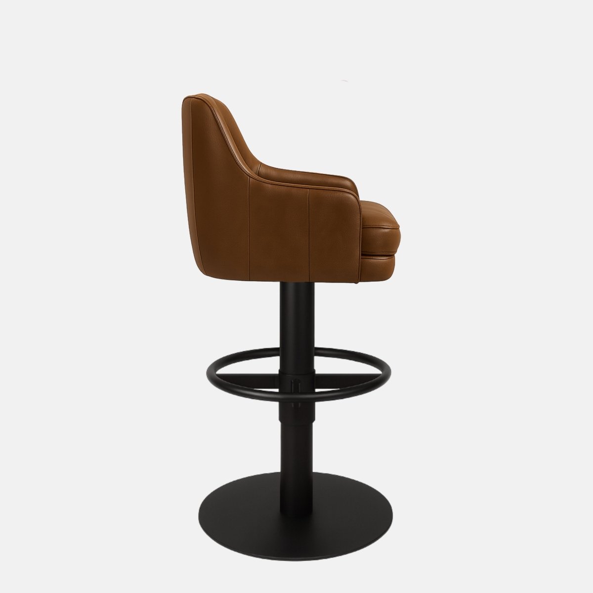 Brown leather bar stool with channel-tufted backrest, cushioned seat, and black pedestal base with circular footrest.