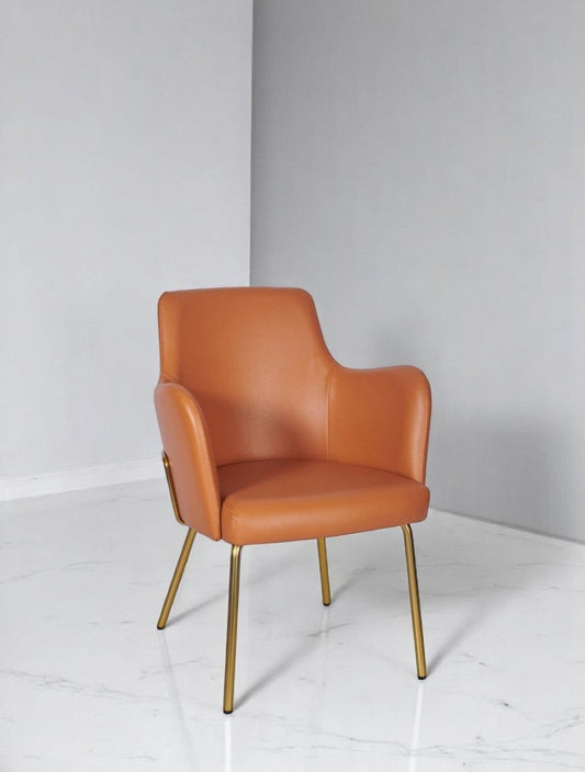 "Luxury orange leather armchair with cushioned seat and gold-finished base"