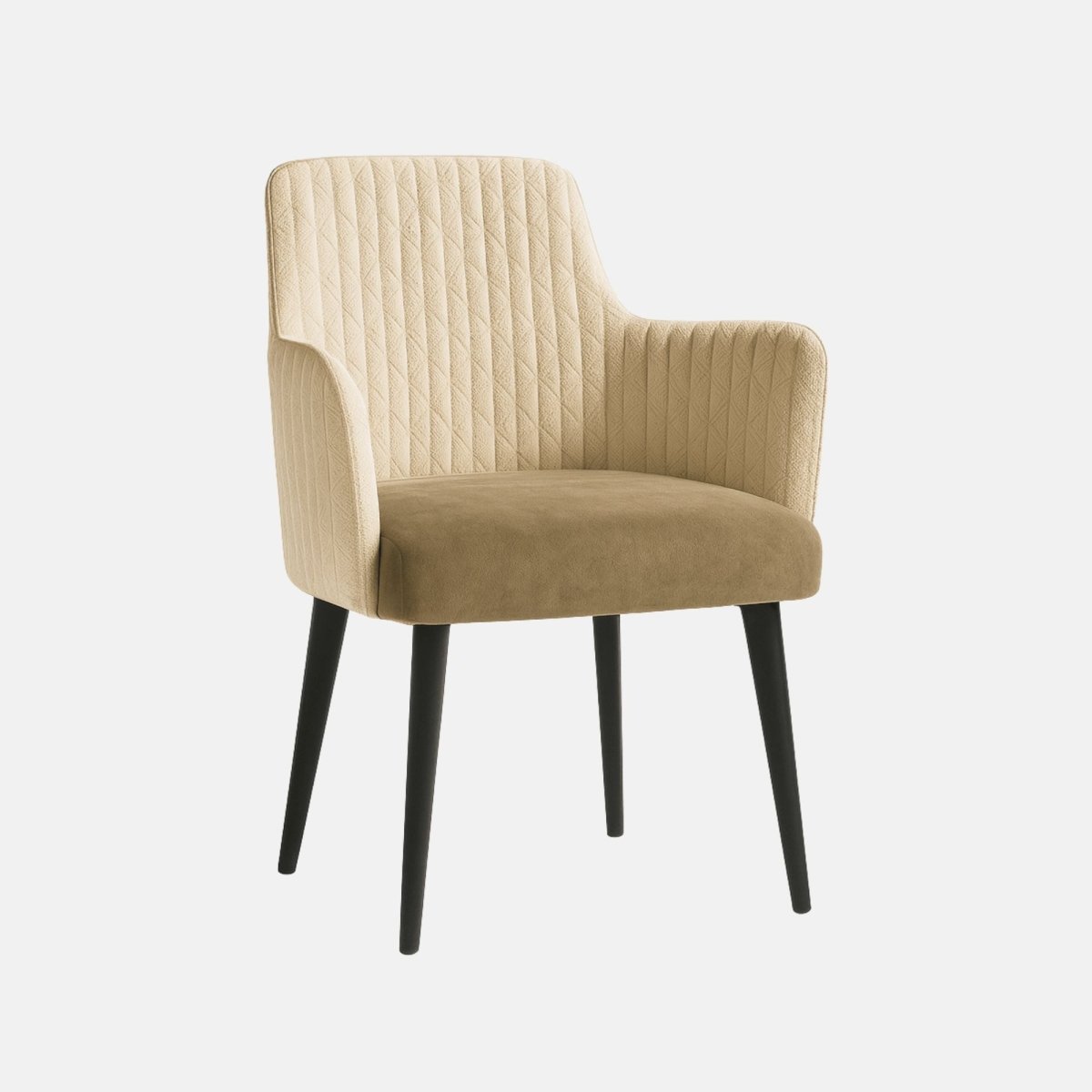 Modern upholstered dining armchair with quilted beige backrest, smooth tan cushioned seat, slim black wooden legs, and integrated armrests