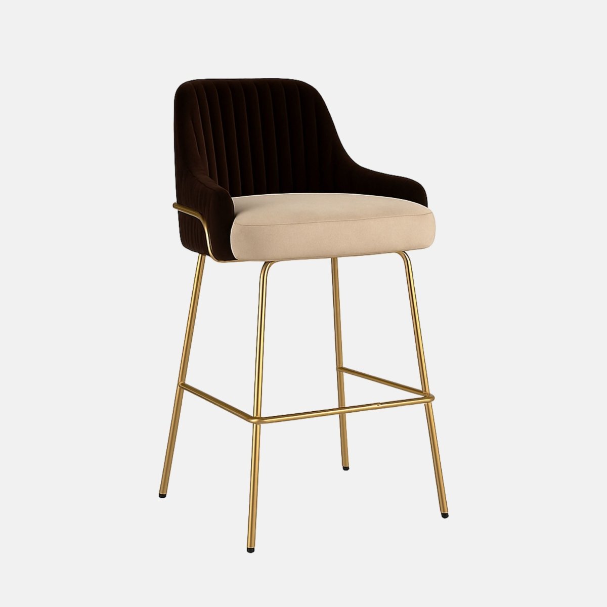 Modern upholstered bar stool with dark brown curved backrest, beige cushioned seat, and slim gold metal legs with footrest