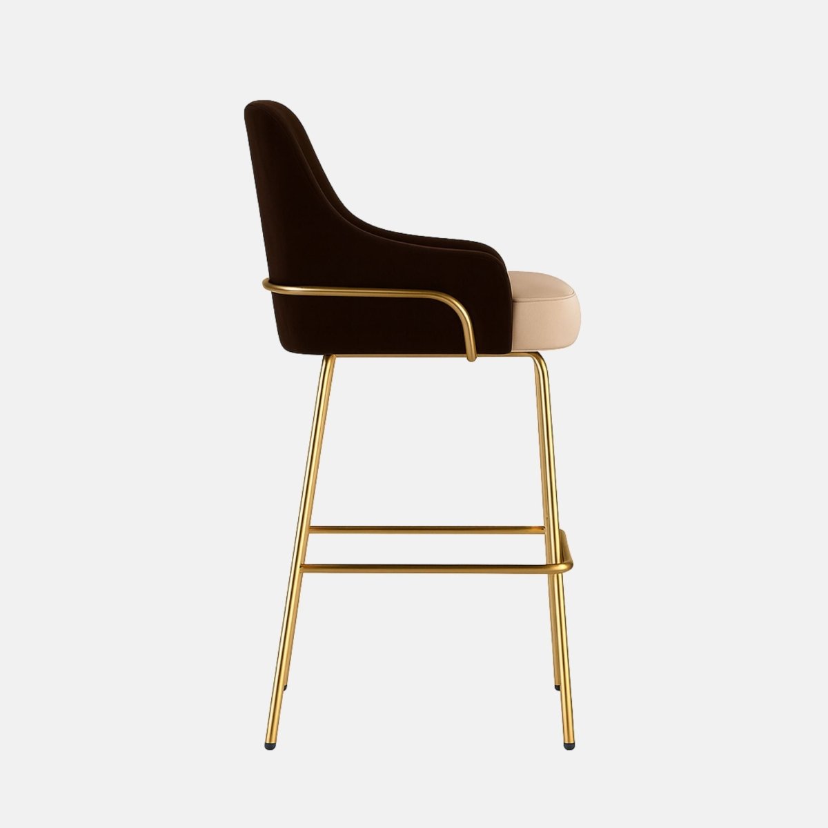 Modern upholstered bar stool with dark brown curved backrest, beige cushioned seat, and slim gold metal legs with footrest