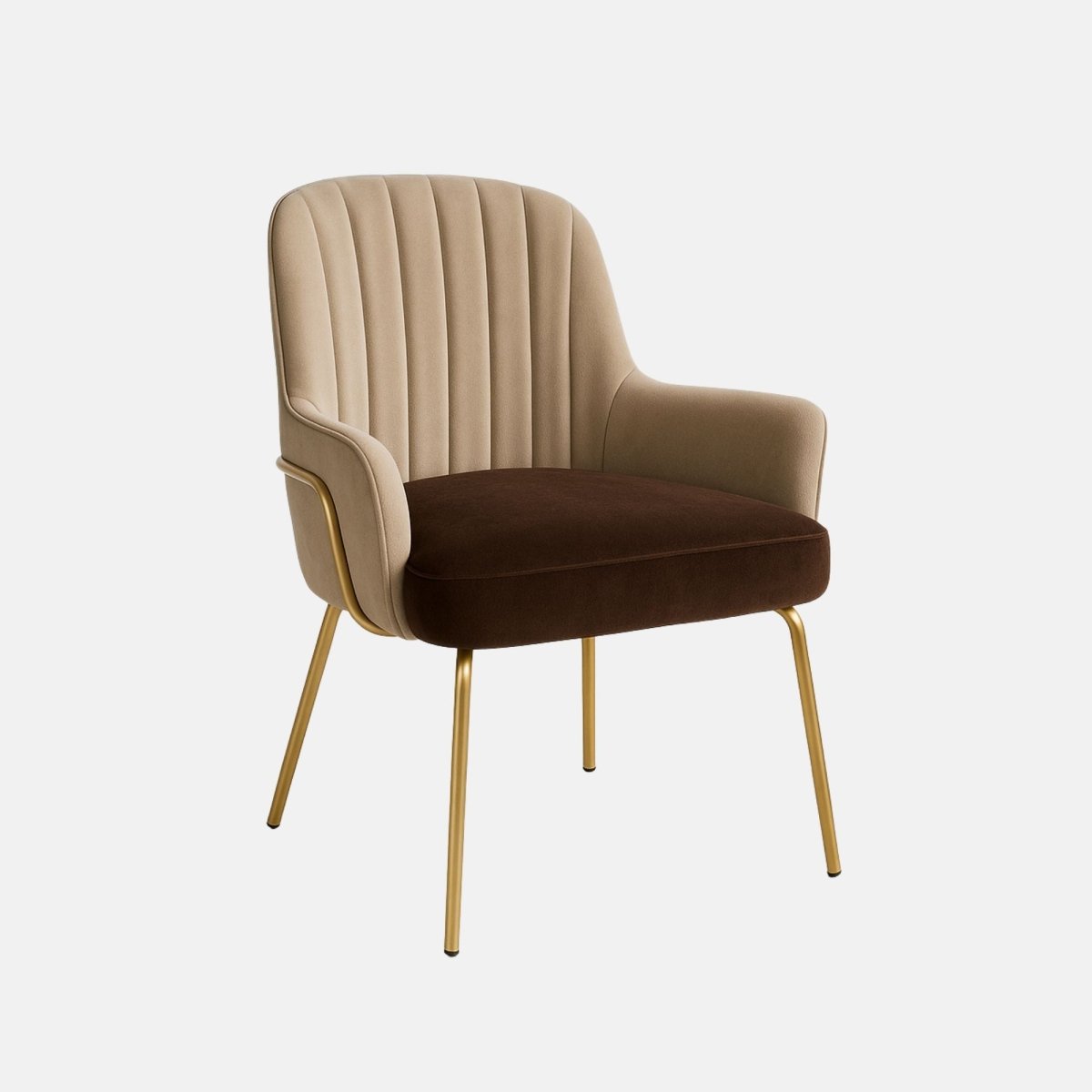 Modern upholstered dining chair with beige vertical-stitched backrest, brown cushioned seat, supportive armrests, and slim gold metal legs.
