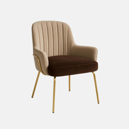Modern upholstered dining chair with beige vertical-stitched backrest, brown cushioned seat, supportive armrests, and slim gold metal legs.