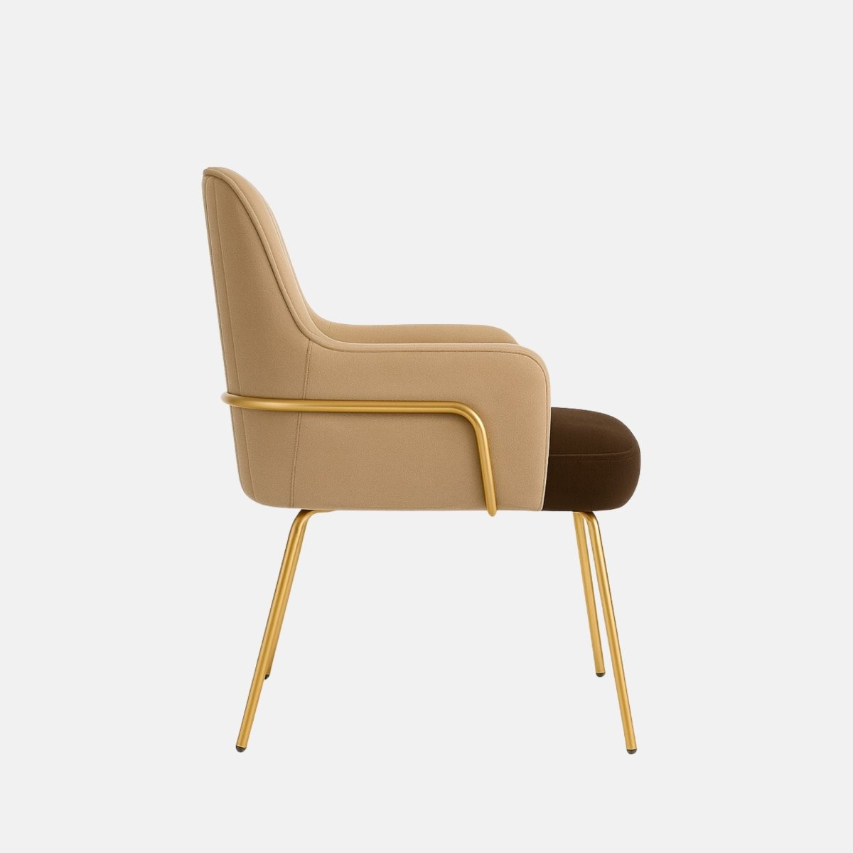 Side profile of modern upholstered dining chair featuring beige backrest, brown seat cushion, gold arm detailing, and slim gold metal legs.