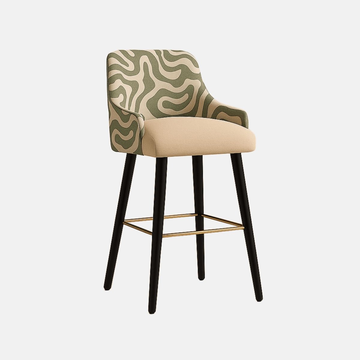 Modern bar stool with abstract green patterned upholstered backrest, beige cushioned seat, black tapered wooden legs, and gold footrest support.