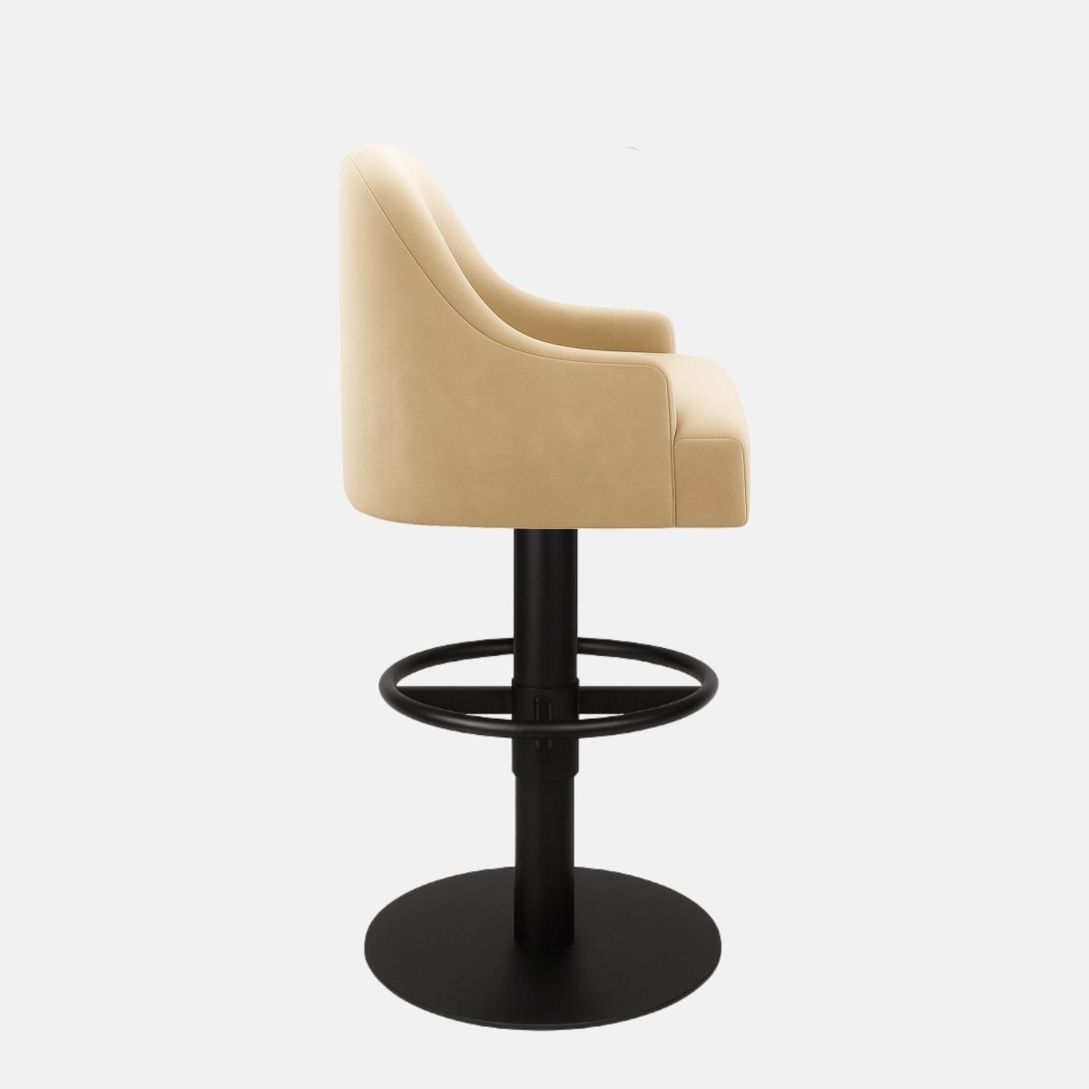 Modern beige upholstered bar stool with curved backrest, circular footrest, and black pedestal base.