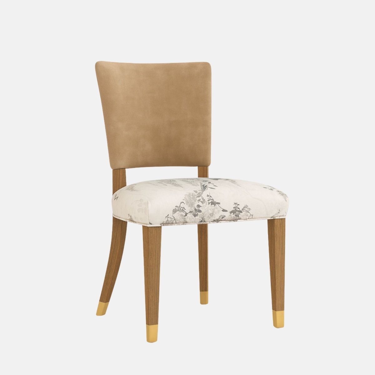 Upholstered dining chair with a cream fabric backrest and olive-green cushioned seat, featuring tapered wooden legs with brass-capped feet, shown on a white background