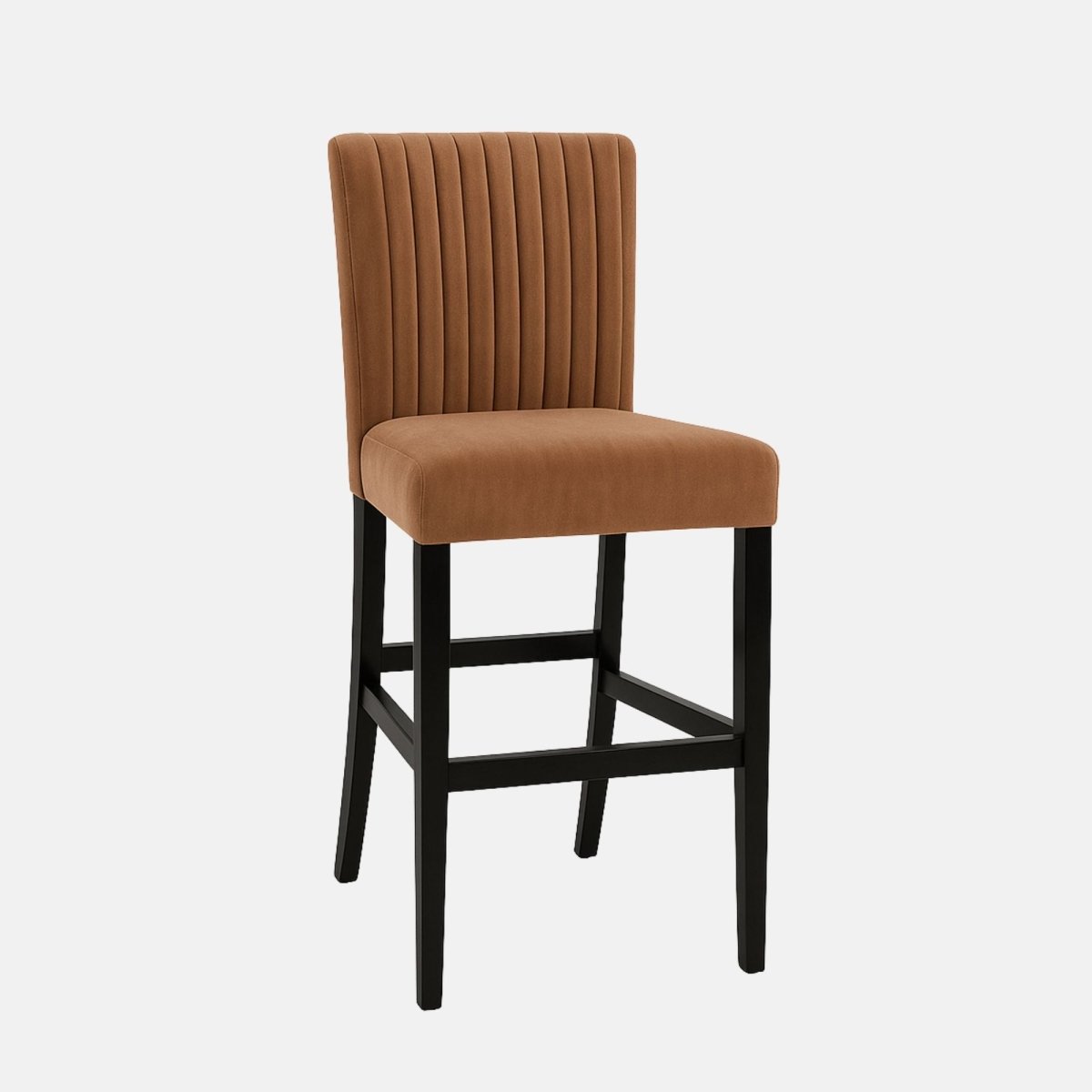 Tan velvet bar stool with a high backrest featuring vertical channel stitching, black wooden legs, and footrests.