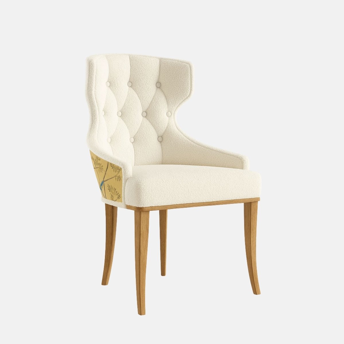 Upholstered dining chair in cream textured fabric with a button-tufted, winged backrest, cushioned seat, subtle patterned fabric on the outer back, and natural wooden legs, shown on a white background