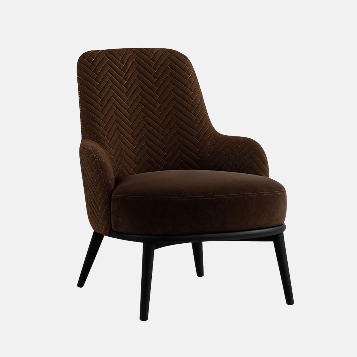 Modern accent chair with dark brown upholstered seat and herringbone-patterned backrest, supported by slim black wooden legs.