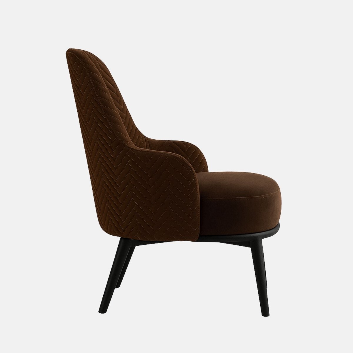 Modern accent chair with dark brown upholstered seat and herringbone-patterned backrest, supported by slim black wooden legs.