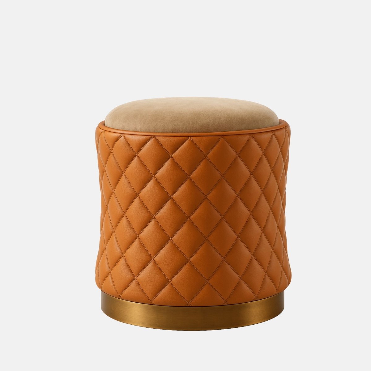 Tan quilted leather and beige velvet round stool with brass base modern upholstered ottoman or vanity seat for living room, bedroom, or hotel interiors.