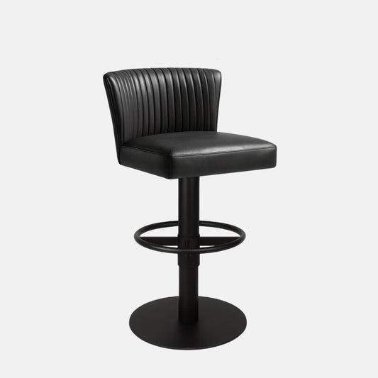Front view of a black upholstered swivel counter stool with ribbed backrest, cushioned seat, black pedestal base, circular footrest ring and round base on a white background.

