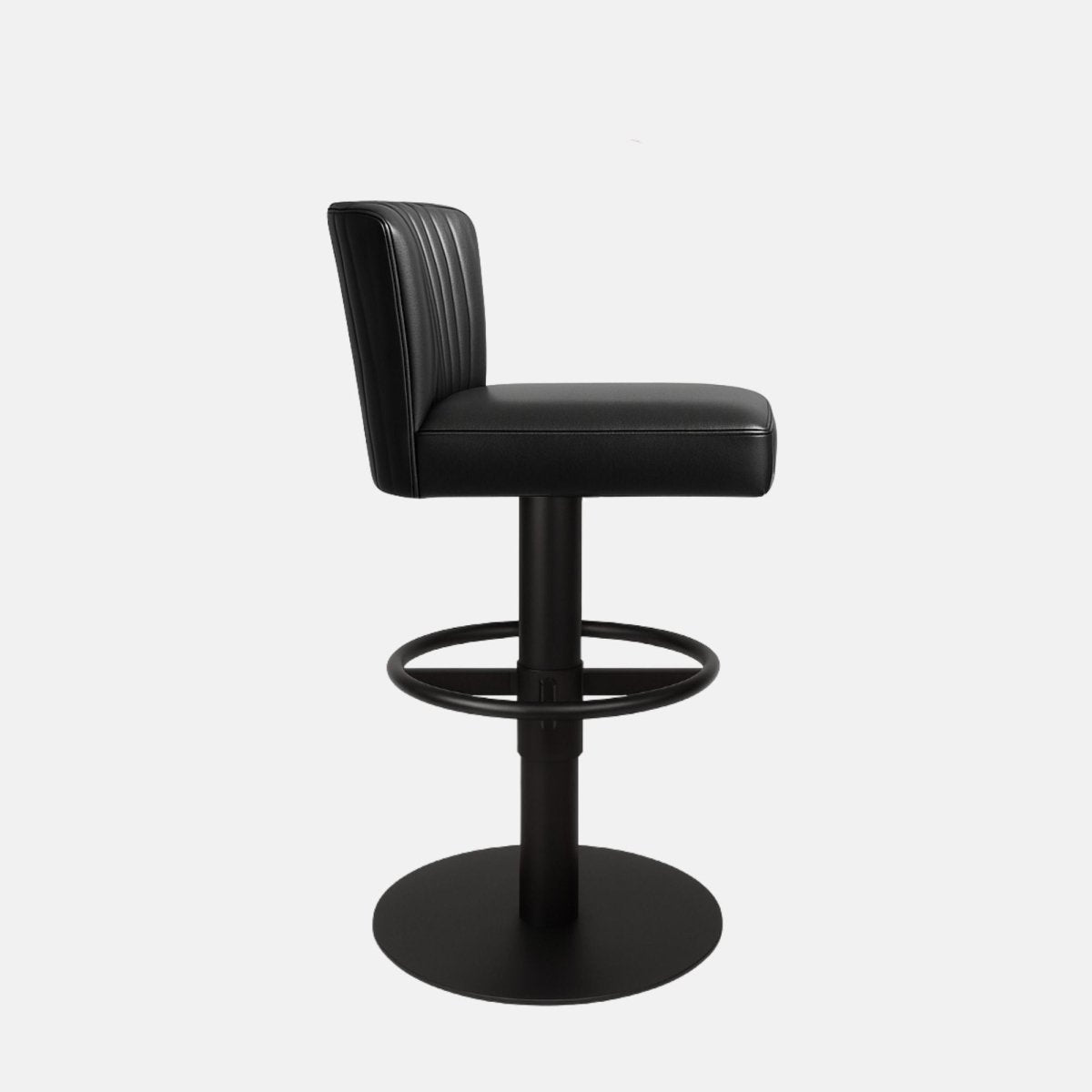 Side view of a black upholstered swivel counter stool with ribbed backrest, black pedestal base, circular footrest ring and round base on a white background.

