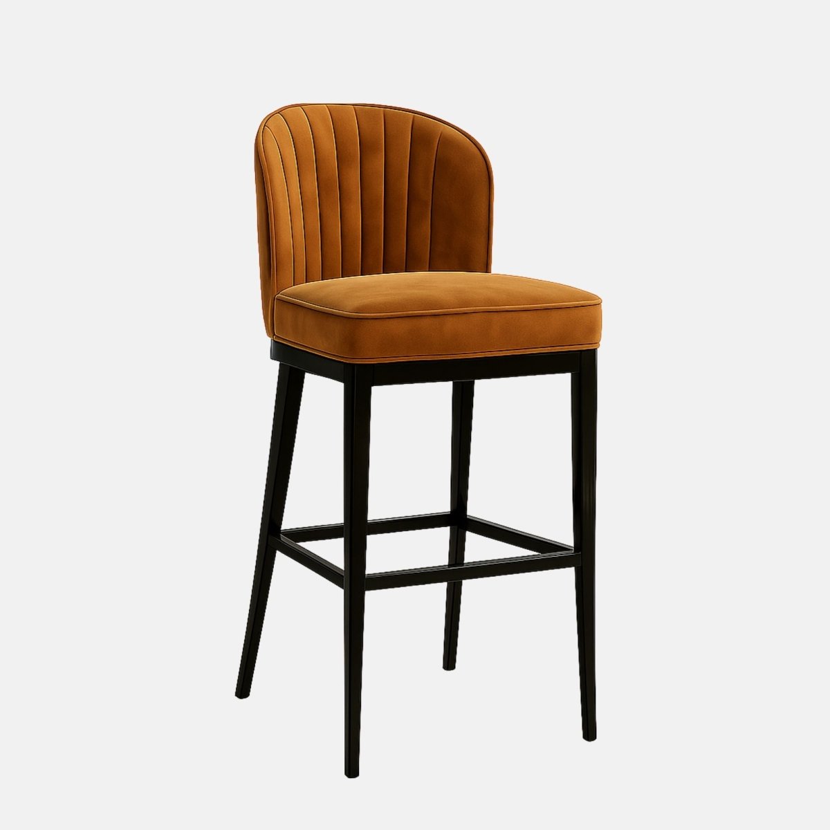 Bar stool with a camel-coloured, vertically channel-tufted backrest, matching cushioned seat, and black tapered legs with footrests