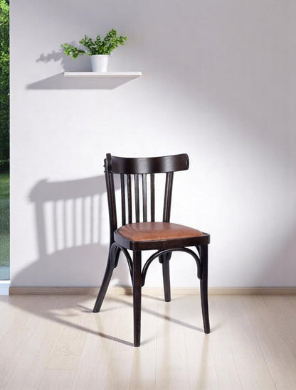"Dark oak wood traditional chair with cushioned upholstered seat"