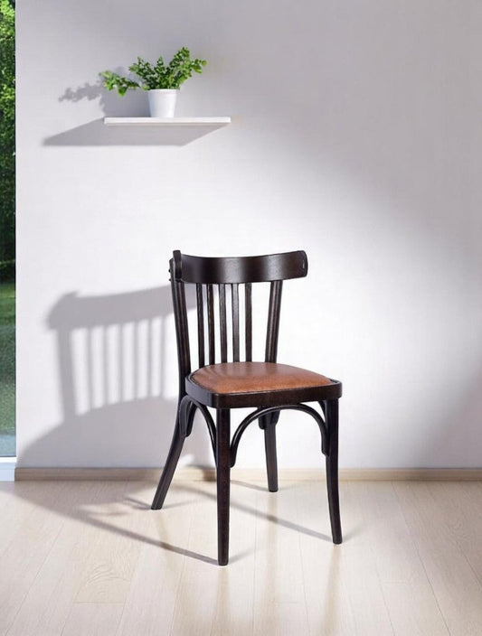 "Dark oak wood traditional chair with cushioned upholstered seat"