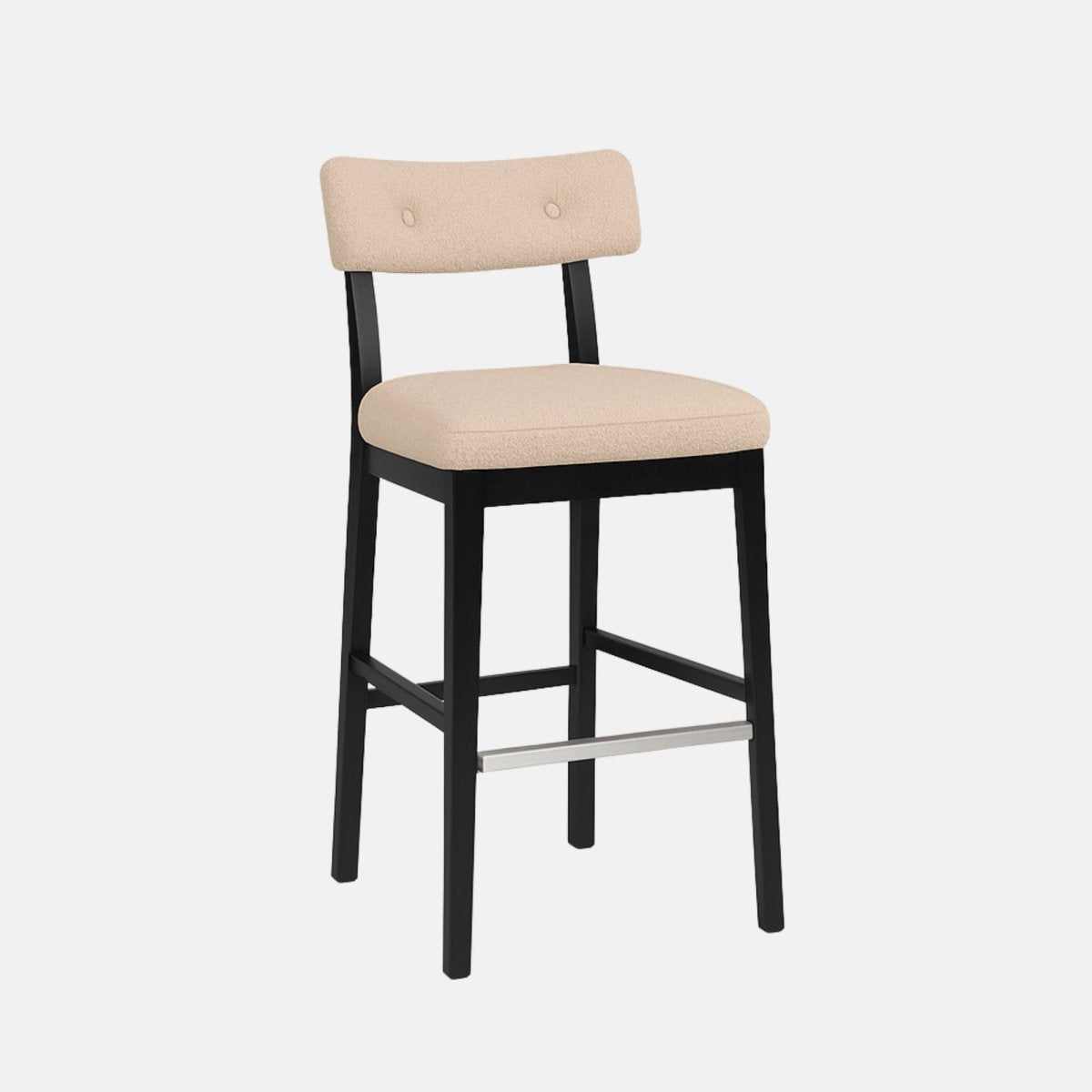 Back view of a modern barstool featuring beige boucle fabric upholstery on the seat and curved backrest, supported by a sleek black wooden frame with a metal footrest, set against a light grey background with soft shadowing.