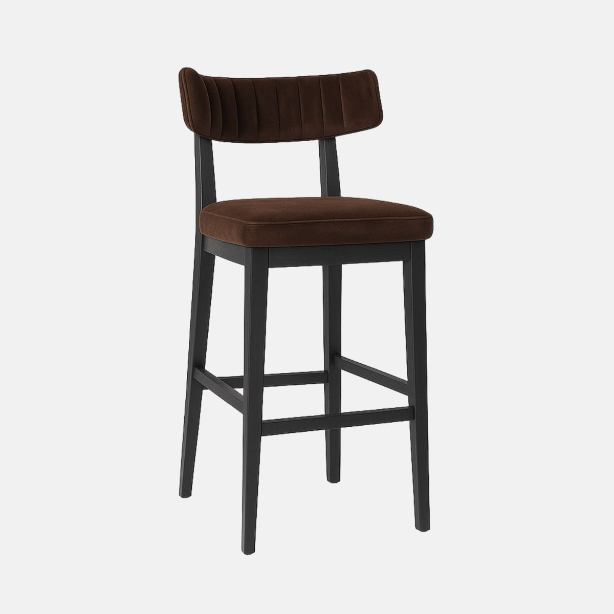 Modern bar stool with dark brown upholstered seat and low backrest featuring vertical stitching, supported by black wooden legs with footrests.