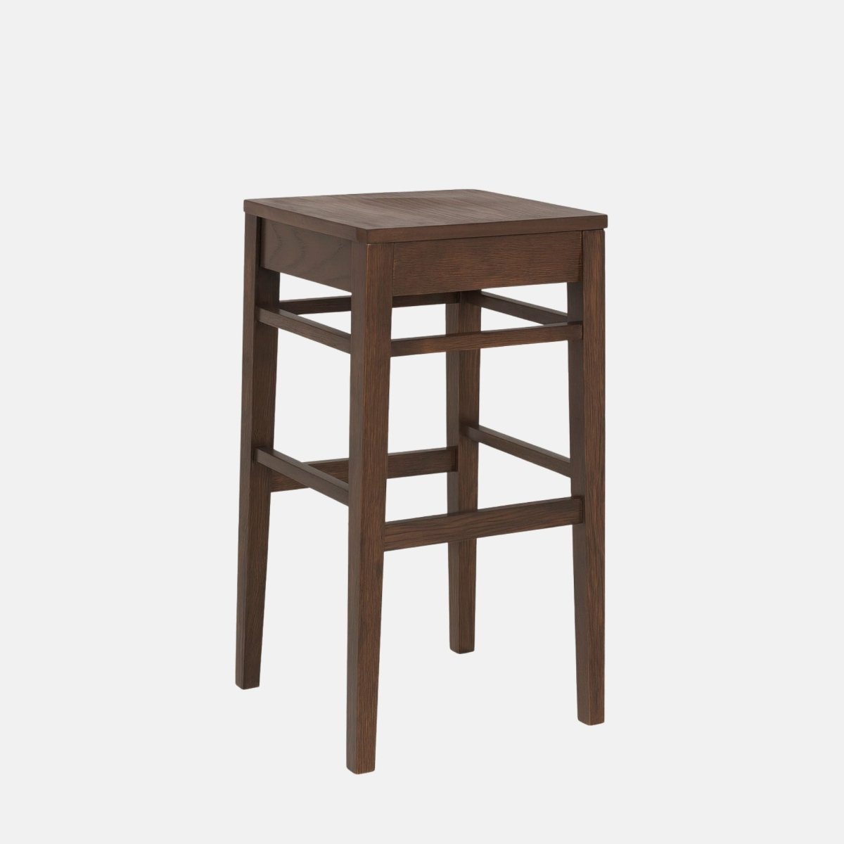 Clarke High Stool – sustainable dark wooden bar stool with square seat and tapered legs, ideal for restaurants, cafés, and modern hospitality interiors.