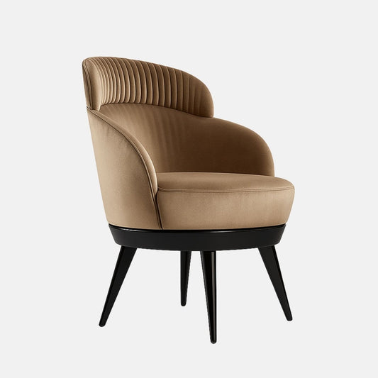 Front-side view of a beige upholstered accent chair with a curved wraparound back, ribbed backrest detail, padded seat, and black tapered legs on a white background.
