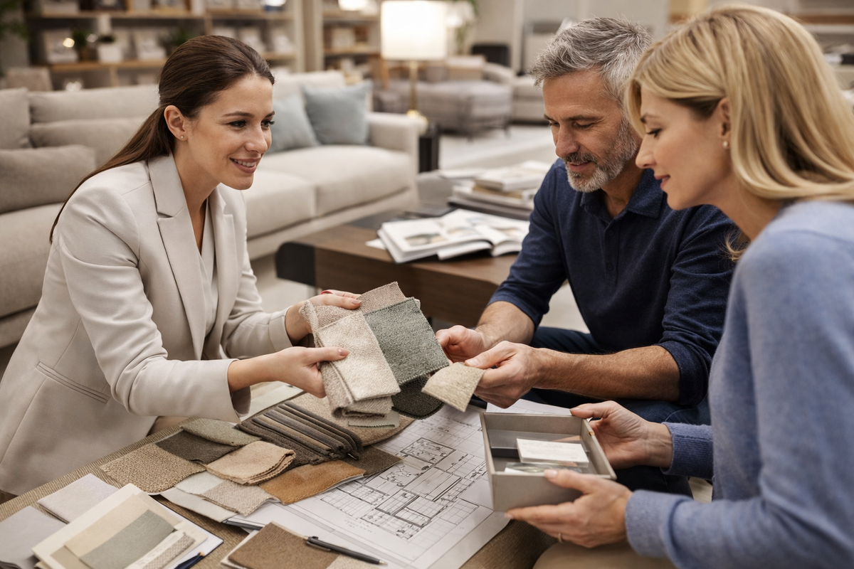 Interior designer helping clients choose upholstery fabric samples in a furniture showroom