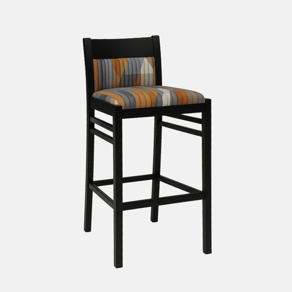 Modern bar stool with a black wooden frame, square backrest, and multicolored geometric upholstered seat and back panel in shades of grey, orange, and beige.