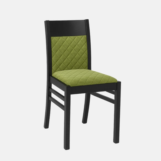 Contemporary dining chair with black wooden frame and green quilted upholstered seat and backrest on a white background