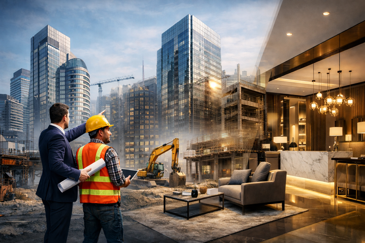 Architect and construction manager reviewing a commercial interior project at a building site