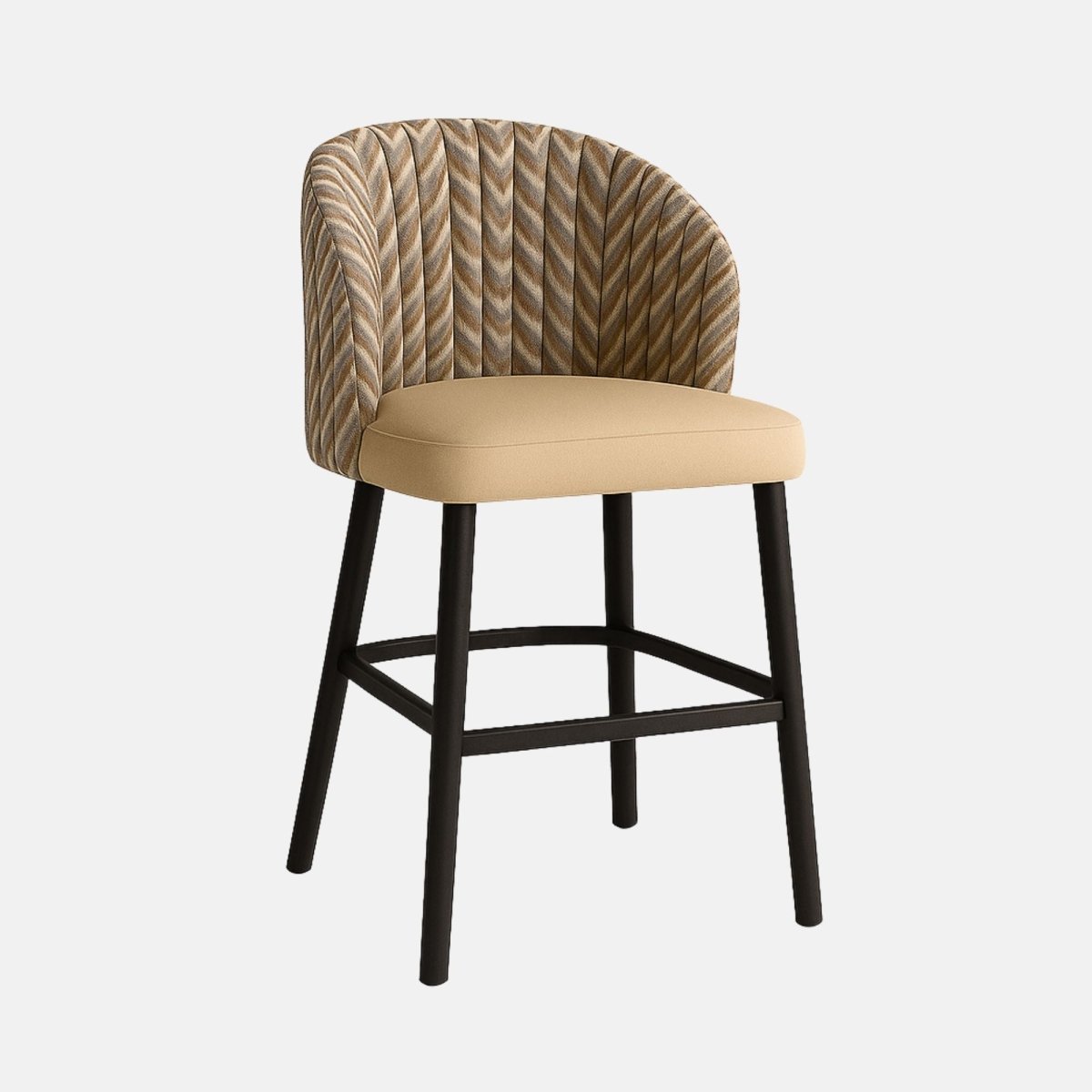 Modern upholstered bar stool with a curved backrest featuring a chevron-patterned fabric in neutral tones, a smooth beige seat cushion, and black wooden legs with a footrest.