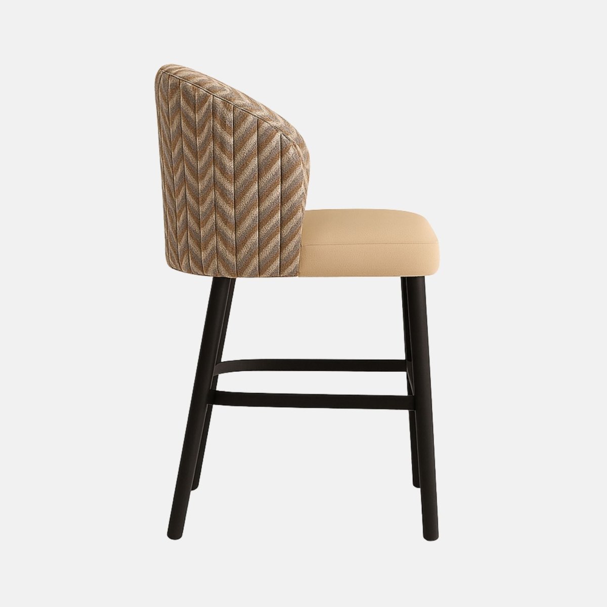 Modern upholstered bar stool with a curved backrest featuring a chevron-patterned fabric in neutral tones, a smooth beige seat cushion, and black wooden legs with a footrest.