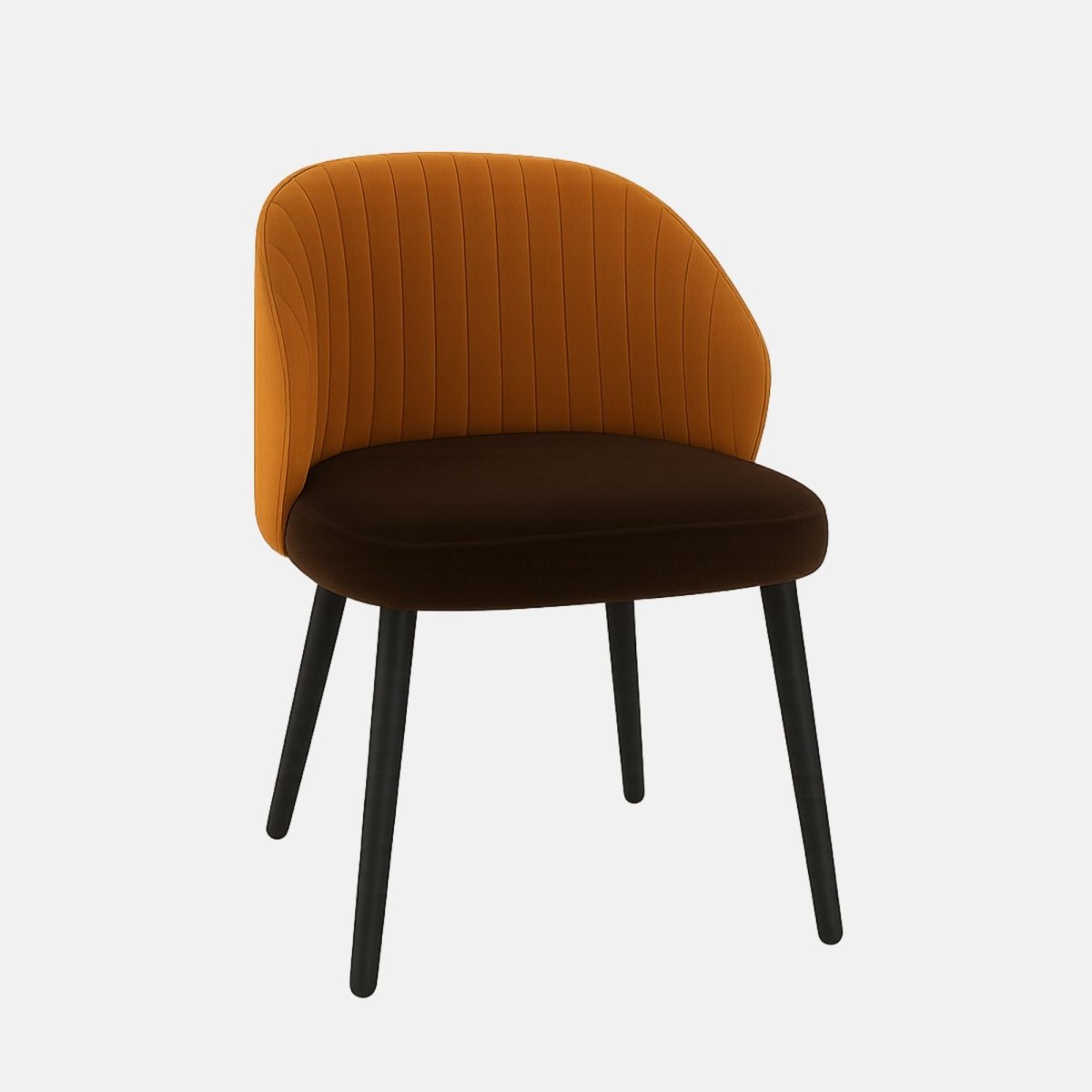 Modern upholstered chair with a curved backrest and vertical stitching. The backrest is covered in burnt orange fabric, while the seat cushion is dark brown. It has four black wooden legs and a minimalist, contemporary design