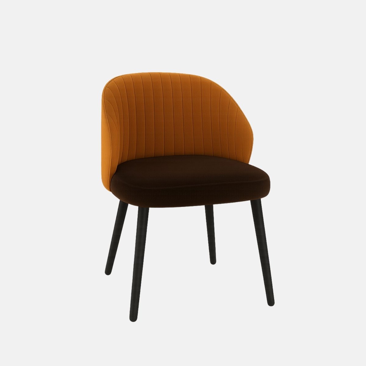 Modern upholstered dining chair with a curved backrest in burnt orange fabric and dark cushioned seat, supported by slim black wooden legs