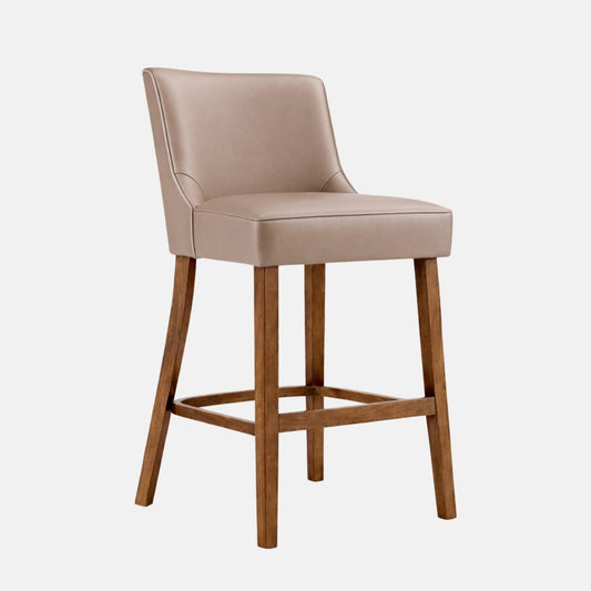 Tan upholstered bar stool with padded seat and backrest, modern design with wooden legs front angle view
