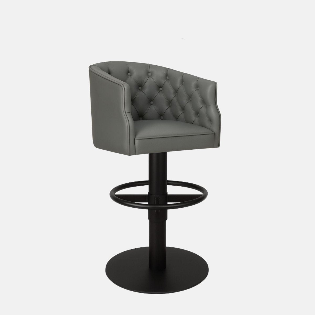 Grey leather 360° swivel bar stool with tufted Chesterfield-style backrest and black powder-coated metal base luxury handcrafted bespoke counter stool