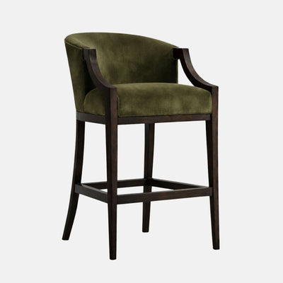 Olive-green upholstered bar-height stool with a curved wraparound back and integrated arms on a dark wooden frame with four legs and square stretchers, photographed on a white background.
