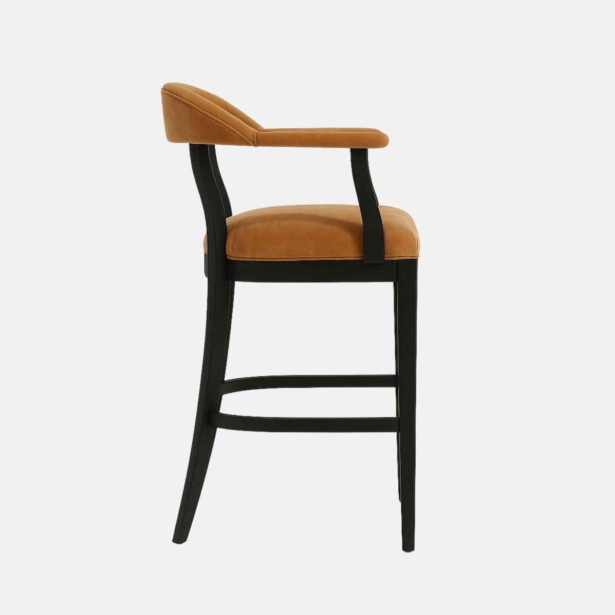 Elegant bar stool with curved wooden backrest and armrests, upholstered tan seat, and black wooden frame with footrest support