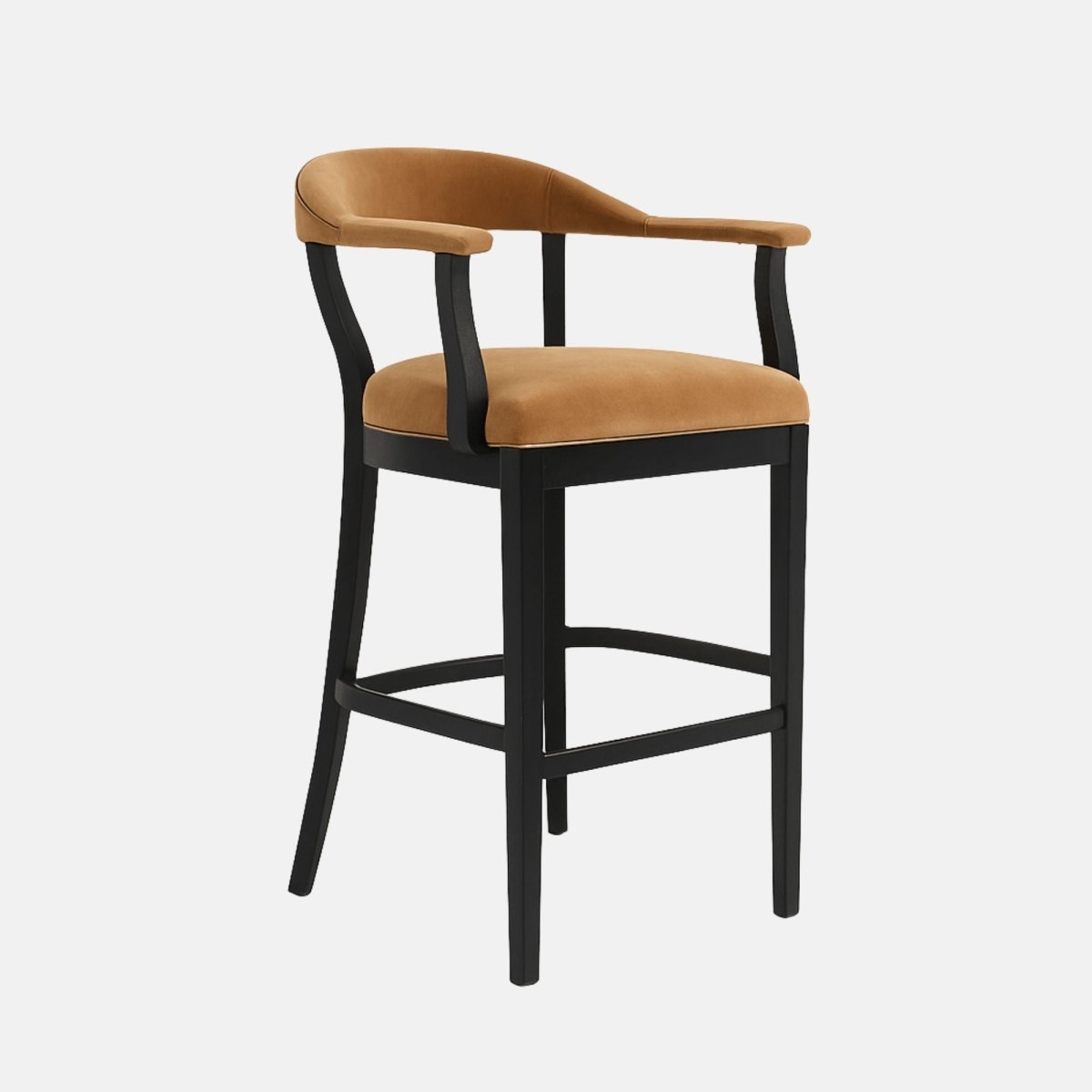 Elegant bar stool with curved wooden backrest and armrests, upholstered tan seat, and black wooden frame with footrest support