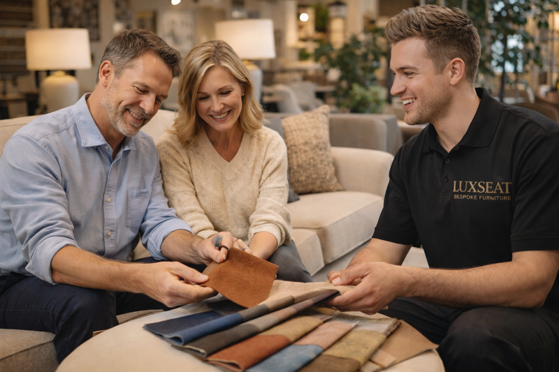 Customers reviewing leather upholstery samples with a furniture consultant in a showroom