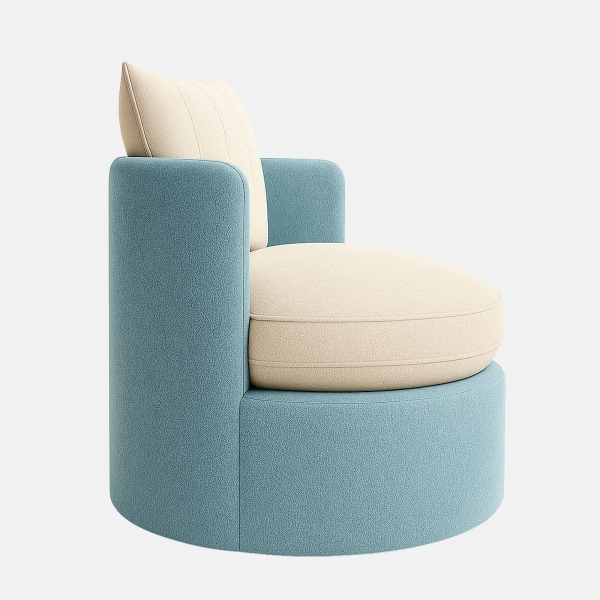 Contemporary round accent chair with light blue upholstered frame, cream cushioned seat, and matching cream back pillows.