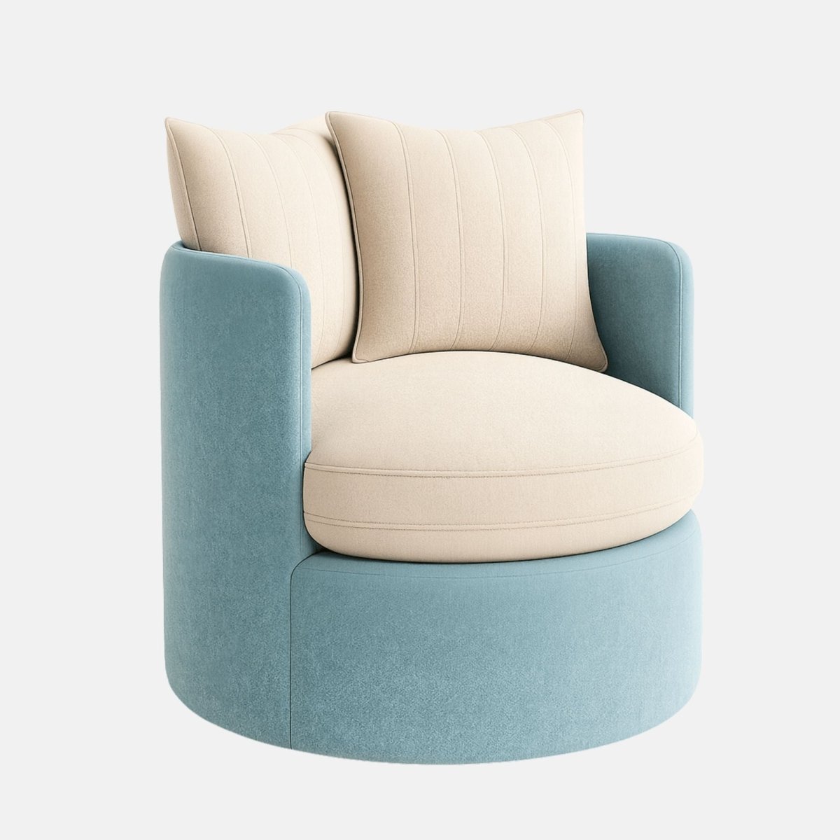 Contemporary round accent chair with light blue upholstered frame, cream cushioned seat, and matching cream back pillows.