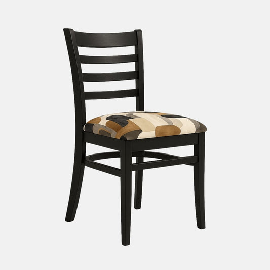 A black wooden dining chair with a slatted backrest and straight legs. The seat is upholstered in a modern geometric fabric in neutral tones of black, beige, gray, and brown. Photographed against a light background with realistic shadows, the design balances classic structure with contemporary upholstery.

