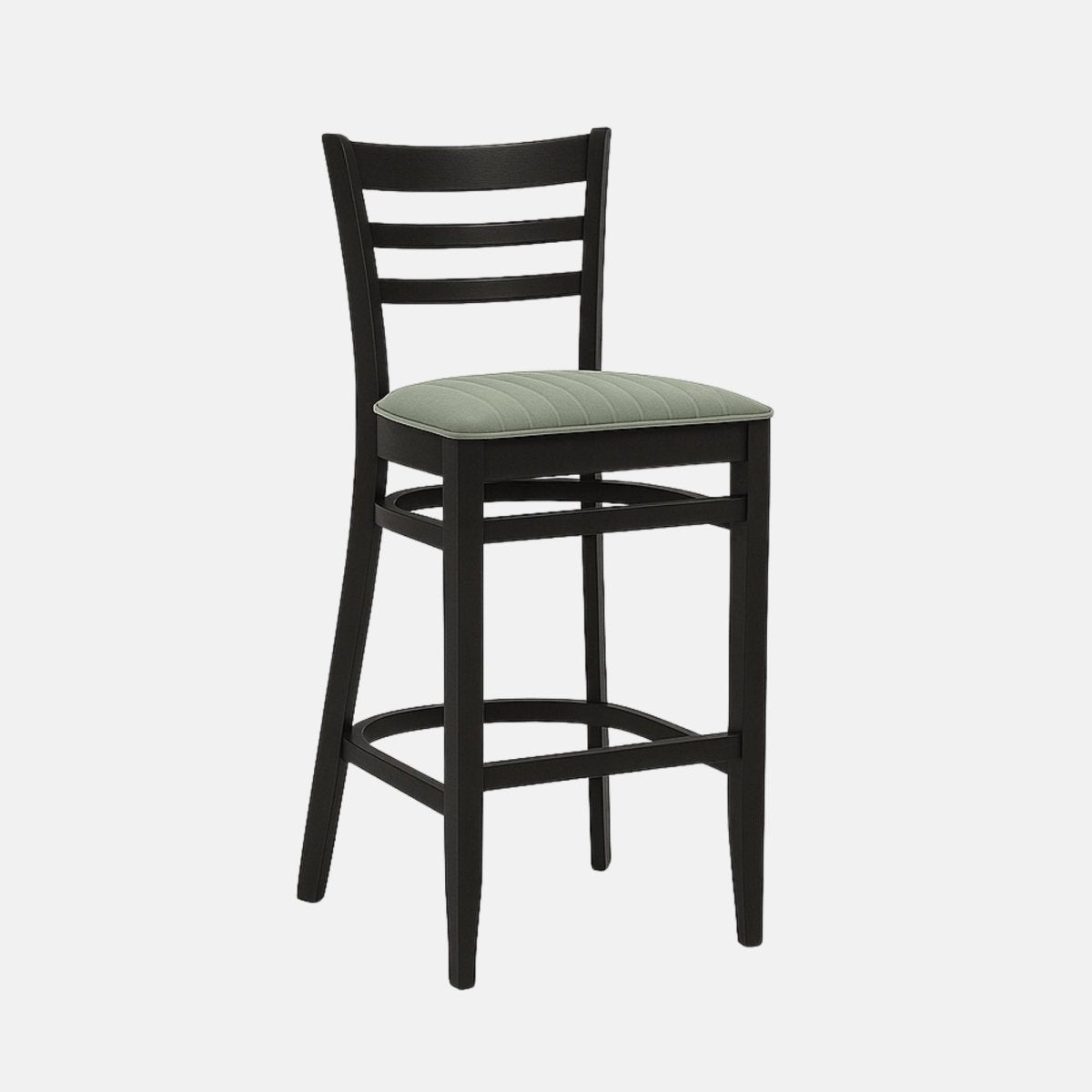 Modern wooden bar stool with black ladder-back design, cushioned seat upholstered in light green fabric, and sturdy black frame with footrest