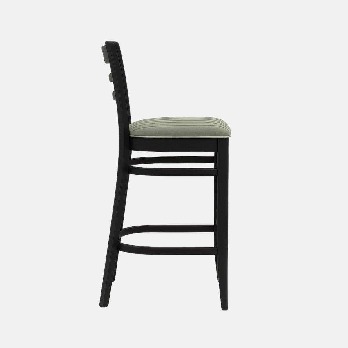 Modern wooden bar stool with black ladder-back design, cushioned seat upholstered in light green fabric, and sturdy black frame with footrest